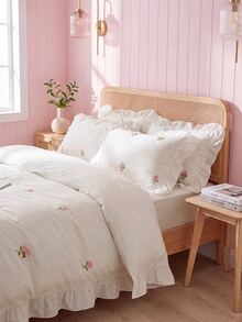 2/3pcs Elegant Rose Embroidery Bedding Set, With Ruffle Trim, Includes Duvet Cover And Pillowcase(S), Without Filler (1 Duvet Cover And 1/2 Pillowcase(S)) - White - View 6