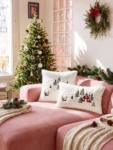 1pc Christmas Santa Claus Red House & Christmas Tree Embroidered Cushion Cover, Suitable For Indoor Decoration, Christmas Decorative Pillow Cover, Pillow Insert Not Included - Multicolor - View 6