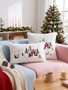 1pc Christmas Santa Claus Red House & Christmas Tree Embroidered Cushion Cover, Suitable For Indoor Decoration, Christmas Decorative Pillow Cover, Pillow Insert Not Included - Multicolor - View 12