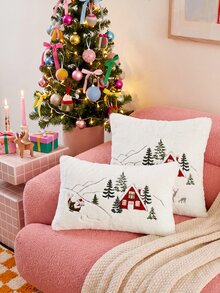 1pc Christmas Santa Claus Red House & Christmas Tree Embroidered Cushion Cover, Suitable For Indoor Decoration, Christmas Decorative Pillow Cover, Pillow Insert Not Included - Multicolor - View 11