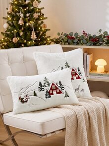 1pc Christmas Santa Claus Red House & Christmas Tree Embroidered Cushion Cover, Suitable For Indoor Decoration, Christmas Decorative Pillow Cover, Pillow Insert Not Included - Multicolor - View 5