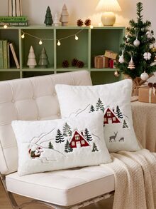 1pc Christmas Santa Claus Red House & Christmas Tree Embroidered Cushion Cover, Suitable For Indoor Decoration, Christmas Decorative Pillow Cover, Pillow Insert Not Included - Multicolor - View 7