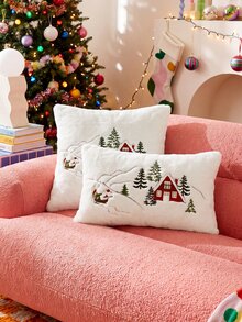 1pc Christmas Santa Claus Red House & Christmas Tree Embroidered Cushion Cover, Suitable For Indoor Decoration, Christmas Decorative Pillow Cover, Pillow Insert Not Included - Multicolor - View 3