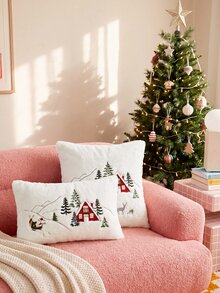 1pc Christmas Santa Claus Red House & Christmas Tree Embroidered Cushion Cover, Suitable For Indoor Decoration, Christmas Decorative Pillow Cover, Pillow Insert Not Included - Multicolor - View 8