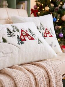 1pc Christmas Santa Claus Red House & Christmas Tree Embroidered Cushion Cover, Suitable For Indoor Decoration, Christmas Decorative Pillow Cover, Pillow Insert Not Included - Multicolor - View 10