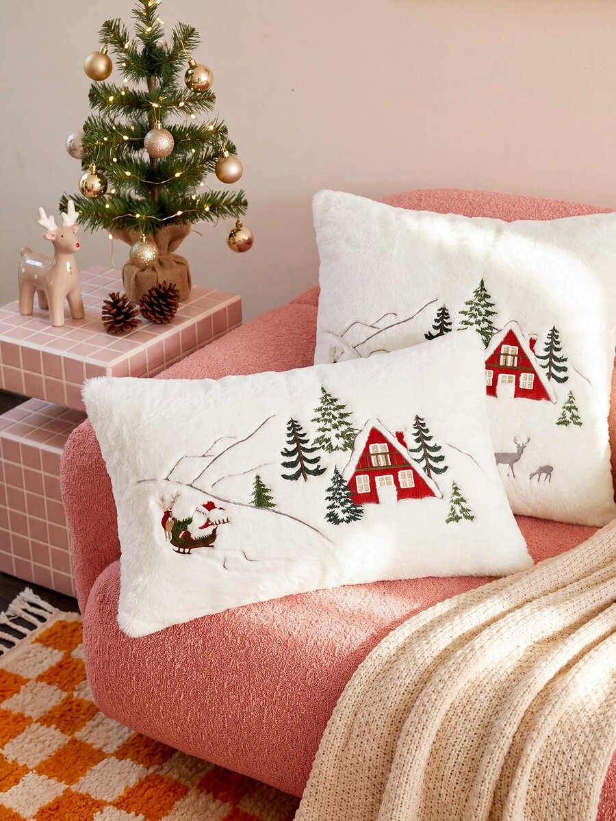 1pc Christmas Santa Claus Red House & Christmas Tree Embroidered Cushion Cover, Suitable For Indoor Decoration, Christmas Decorative Pillow Cover, Pillow Insert Not Included