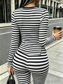 Dekonique Dekonique 女款條紋側開衩下擺T恤與緊身褲休閒兩件套 - 彩色 - 查看 2