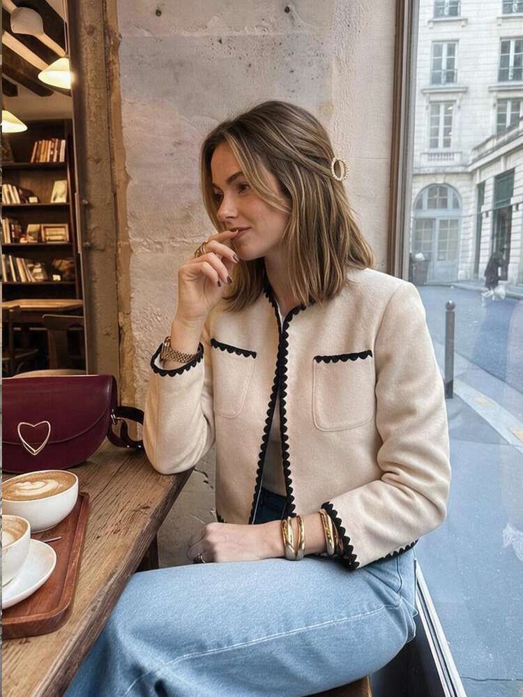 SHEIN Frenchy 女款拼色休閒百搭日常長袖夾克 - 白色 - 查看 1