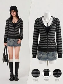 Elamini Women Black White Striped Long Sleeve Loose Ribbed Zip-Up Sweatshirt,Street Wear Y2k,Fall Winter,Everyday,Elegant & Cute Hoodie For School & Sports - Black - View 1