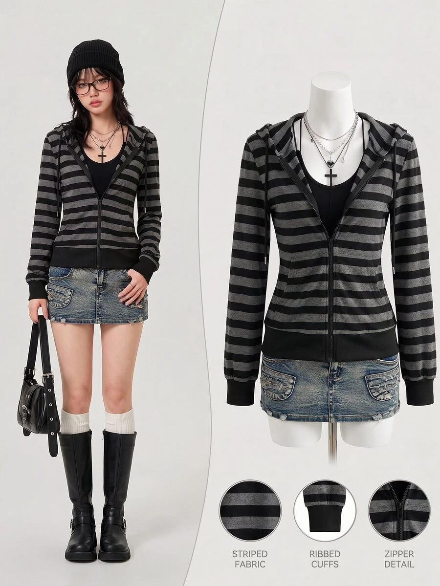 Elamini Women Black White Striped Long Sleeve Loose Ribbed Zip-Up Sweatshirt,Street Wear Y2k,Fall Winter,Everyday,Elegant & Cute Hoodie For School & Sports - Black - View 1