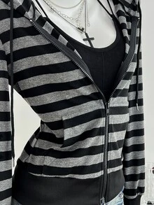 Elamini Women Black White Striped Long Sleeve Loose Ribbed Zip-Up Sweatshirt,Street Wear Y2k,Fall Winter,Everyday,Elegant & Cute Hoodie For School & Sports - Black - View 5