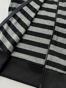 Elamini Women Black White Striped Long Sleeve Loose Ribbed Zip-Up Sweatshirt,Street Wear Y2k,Fall Winter,Everyday,Elegant & Cute Hoodie For School & Sports - Black - View 6
