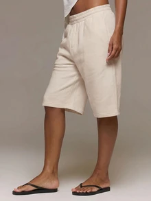 MUSERA ESSENTIALS Loose Fit Elasticated Waist Sweat Jorts Long Shorts Cute Everyday Basics Sexy Daily Spring Summer Essential - Beige - View 4