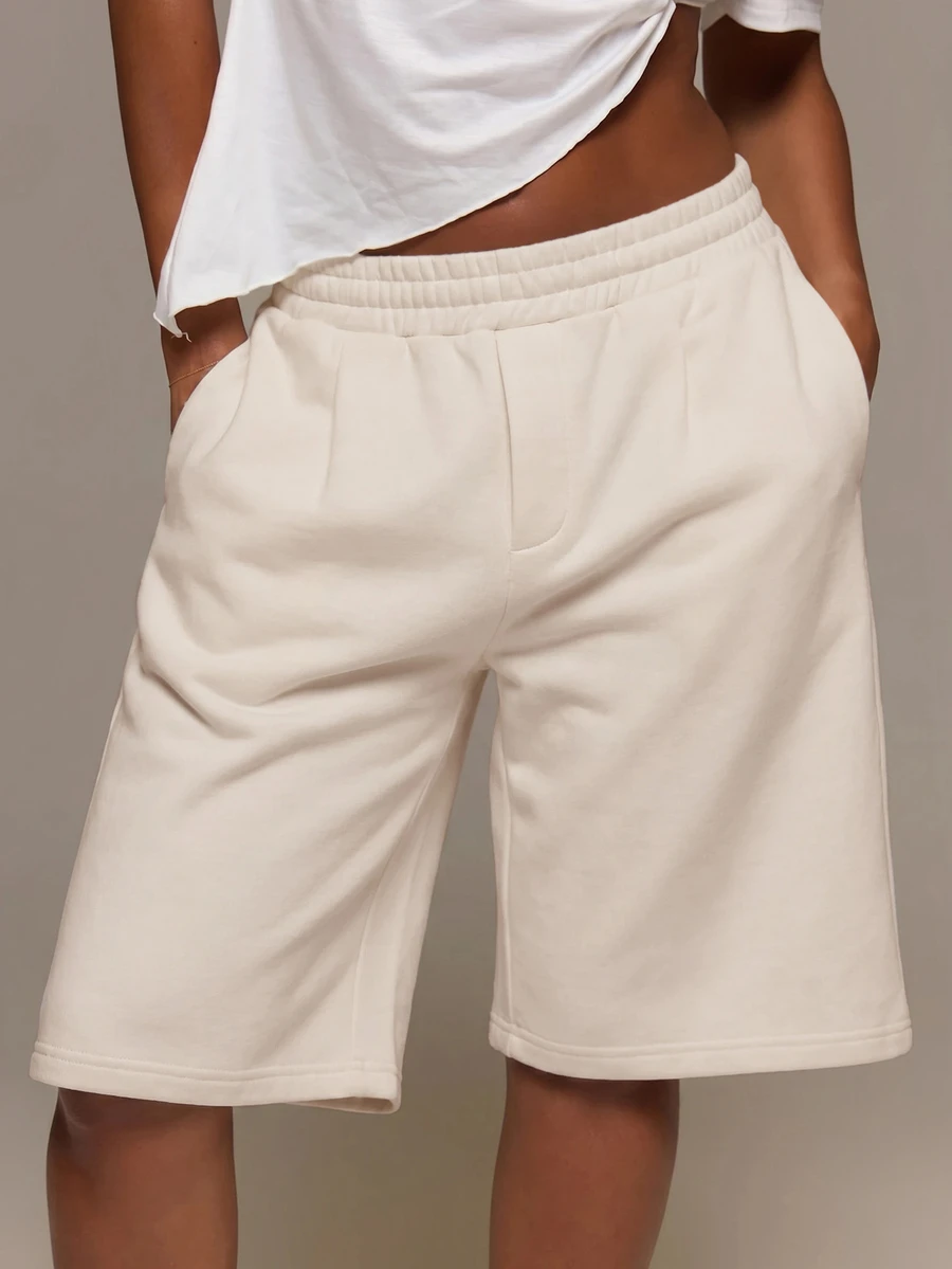 MUSERA ESSENTIALS Loose Fit Elasticated Waist Sweat Jorts Long Shorts Cute Everyday Basics Sexy Daily Spring Summer Essential - Beige - View 1