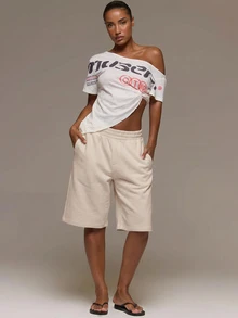 MUSERA ESSENTIALS Loose Fit Elasticated Waist Sweat Jorts Long Shorts Cute Everyday Basics Sexy Daily Spring Summer Essential - Beige - View 2