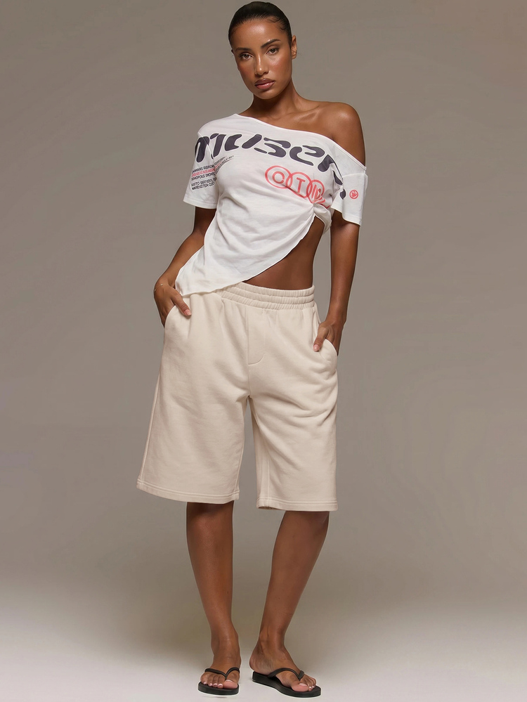 MUSERA ESSENTIALS Loose Fit Elasticated Waist Sweat Jorts Long Shorts Cute Everyday Basics Sexy Daily Spring Summer Essential - Beige - View 2