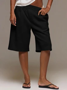 MUSERA ESSENTIALS Loose Fit Elasticated Waist Sweat Jorts Long Shorts Cute Everyday Basics Sexy Daily Spring Summer Essential Fall Autumn Winter - Black - View 3