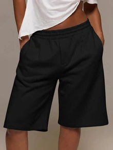 MUSERA ESSENTIALS Loose Fit Elasticated Waist Sweat Jorts Long Shorts Cute Everyday Basics Sexy Daily Spring Summer Essential Fall Autumn Winter - Black - View 1