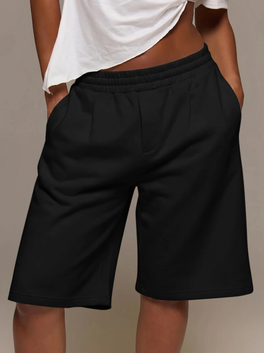 MUSERA ESSENTIALS Loose Fit Elasticated Waist Sweat Jorts Long Shorts Cute Everyday Basics Sexy Daily Spring Summer Essential Fall Autumn Winter - Black - View 1