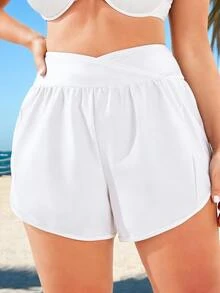 SHEIN Swim Basics Plus Size Women Solid Color Casual Streetwear Sexy Modest Beach Party Sports Shorts All All White Summer - White - View 1