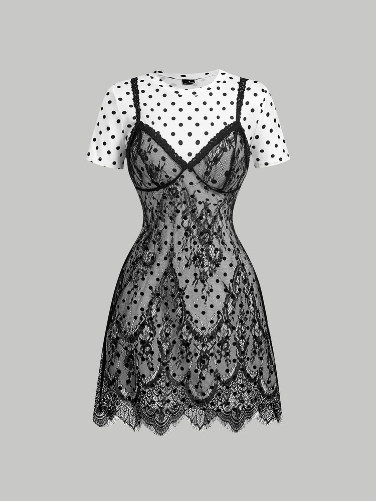 SHEIN MOD Black And White Lace 2 In 1 Short Dress,Elegant Women's Polka Dot Tee With Black Lace Bodice Overlay Mini Dress Figure-Hugging Style,Luxury - Black and White - View 2