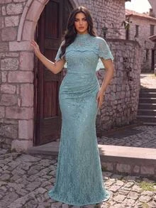 Aureia Plus Size Elegant Glamorous Romantic Blue Lace Shawl Ruched Computer Beaded Fitted Mermaid Hem Mom Evening Gown Suitable For Dinner Party Date Ball Vacation Wedding Event Guest Dress - Blue - View 6