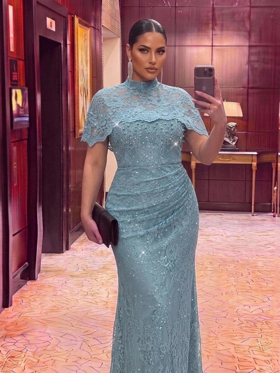 Aureia Plus Size Elegant Glamorous Romantic Blue Lace Shawl Ruched Computer Beaded Fitted Mermaid Hem Mom Evening Gown Suitable For Dinner Party Date Ball Vacation Wedding Event Guest Dress - Blue - View 1