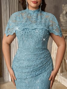 Aureia Plus Size Elegant Glamorous Romantic Blue Lace Shawl Ruched Computer Beaded Fitted Mermaid Hem Mom Evening Gown Suitable For Dinner Party Date Ball Vacation Wedding Event Guest Dress - Blue - View 4