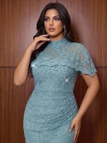 Aureia Plus Size Elegant Glamorous Romantic Blue Lace Shawl Ruched Computer Beaded Fitted Mermaid Hem Mom Evening Gown Suitable For Dinner Party Date Ball Vacation Wedding Event Guest Dress - Blue - View 5