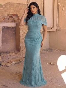 Aureia Plus Size Elegant Glamorous Romantic Blue Lace Shawl Ruched Computer Beaded Fitted Mermaid Hem Mom Evening Gown Suitable For Dinner Party Date Ball Vacation Wedding Event Guest Dress - Blue - View 2