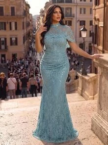 Aureia Plus Size Elegant Glamorous Romantic Blue Lace Shawl Ruched Computer Beaded Fitted Mermaid Hem Mom Evening Gown Suitable For Dinner Party Date Ball Vacation Wedding Event Guest Dress - Blue - View 8