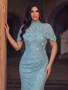 Aureia Plus Size Elegant Glamorous Romantic Blue Lace Shawl Ruched Computer Beaded Fitted Mermaid Hem Mom Evening Gown Suitable For Dinner Party Date Ball Vacation Wedding Event Guest Dress - Blue - View 7