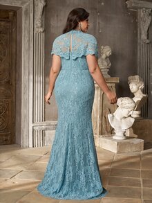 Aureia Plus Size Elegant Glamorous Romantic Blue Lace Shawl Ruched Computer Beaded Fitted Mermaid Hem Mom Evening Gown Suitable For Dinner Party Date Ball Vacation Wedding Event Guest Dress - Blue - View 3
