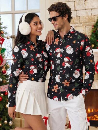 HIMLAND Chemise décontractée à manches longues à simple boutonnage avec motif bonhomme de neige pour hommes