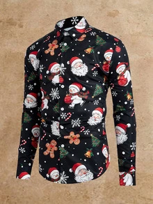 HIMLAND Men's Snowman Pattern Long Sleeve Single-Breasted Casual Shirt - Multicolor - View 4
