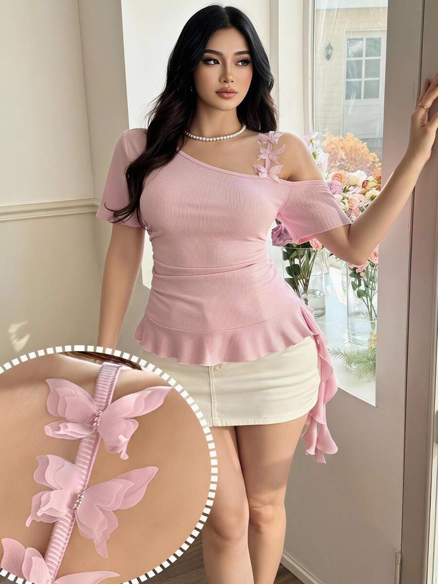Feyla Plus Size Women's Solid Color Ruched Asymmetrical Shoulder Casual Versatile Daily T-Shirt - Pink - View 1