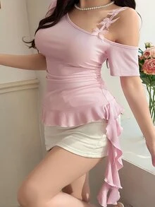 Feyla Plus Size Women's Solid Color Ruched Asymmetrical Shoulder Casual Versatile Daily T-Shirt - Pink - View 5