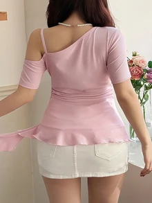 Feyla Plus Size Women's Solid Color Ruched Asymmetrical Shoulder Casual Versatile Daily T-Shirt - Pink - View 2