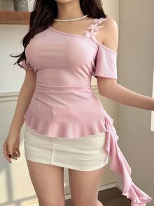 Feyla Plus Size Women's Solid Color Ruched Asymmetrical Shoulder Casual Versatile Daily T-Shirt - Pink - View 4