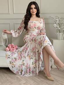Feyla Plus Size Women's Autumn Wedding Floral Print Square Neck Lantern Sleeve Ruched Fitted Mermaid Hem Dress Formal Christening Guest White Celestial - Multicolor - View 2