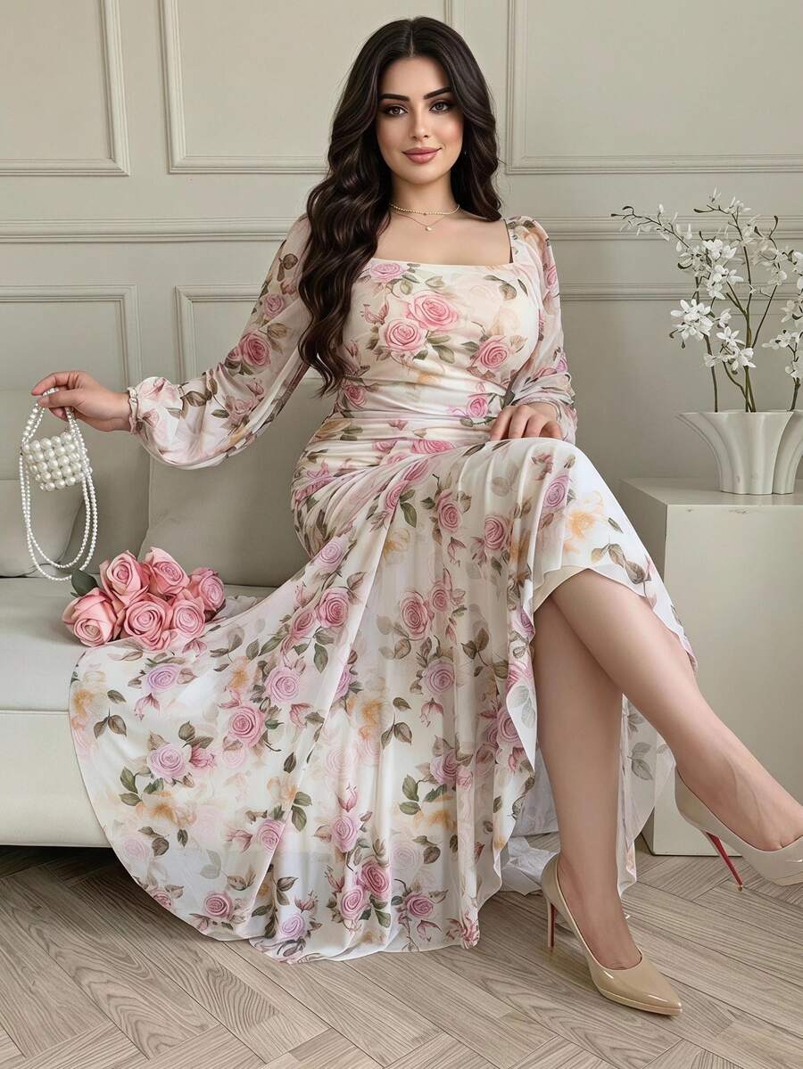 Feyla Plus Size Women's Autumn Wedding Floral Print Square Neck Lantern Sleeve Ruched Fitted Mermaid Hem Dress Formal Christening Guest White Celestial
