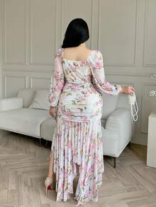 Feyla Plus Size Women's Autumn Wedding Floral Print Square Neck Lantern Sleeve Ruched Fitted Mermaid Hem Dress Formal Christening Guest White Celestial - Multicolor - View 3