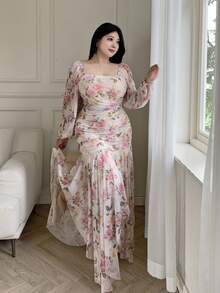 Feyla Plus Size Women's Autumn Wedding Floral Print Square Neck Lantern Sleeve Ruched Fitted Mermaid Hem Dress Formal Christening Guest White Celestial - Multicolor - View 5