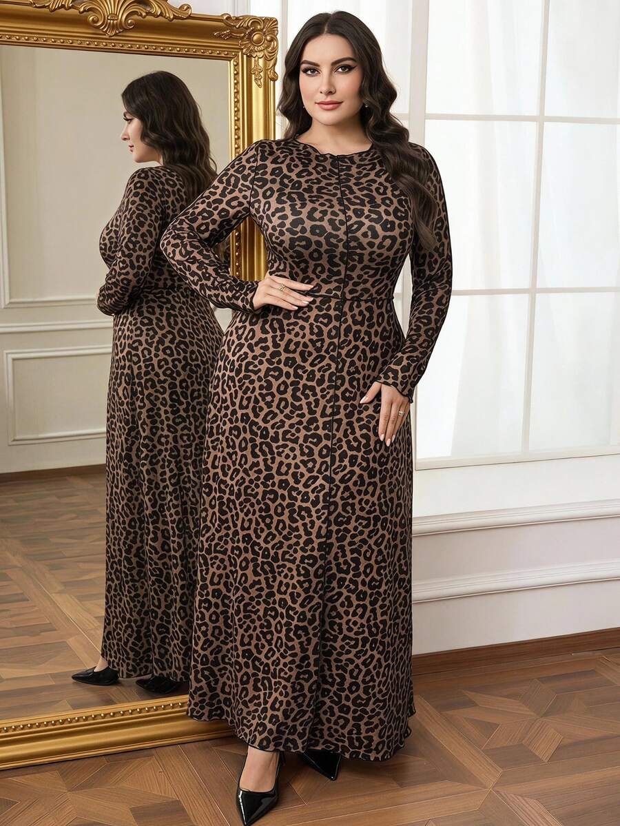 Modelyn Plus Size Women Casual Leopard Print Long Sleeve Dress Cheetah Print