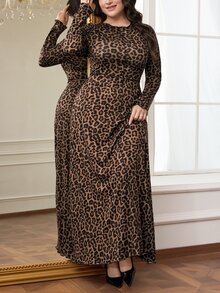 Modelyn Plus Size Women Casual Leopard Print Long Sleeve Dress Cheetah Print - Khaki - View 8