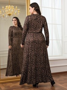 Modelyn Plus Size Women Casual Leopard Print Long Sleeve Dress Cheetah Print - Khaki - View 4