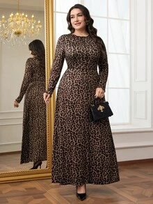 Modelyn Plus Size Women Casual Leopard Print Long Sleeve Dress Cheetah Print - Khaki - View 6