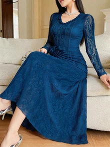 Modelyn Plus Size Elegant Party Formal Formal Wedding Solid Color Lace 3D Floral Decor Dress Navy Blue Autumn Fall - Black - View 8