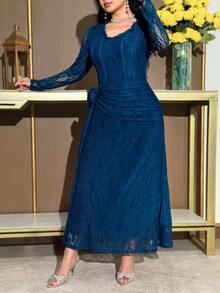 Modelyn Plus Size Elegant Party Formal Formal Wedding Solid Color Lace 3D Floral Decor Dress Navy Blue Autumn Fall - Black - View 6