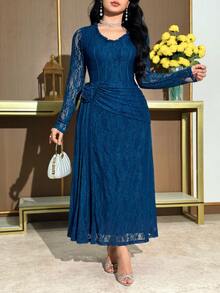 Modelyn Plus Size Elegant Party Formal Formal Wedding Solid Color Lace 3D Floral Decor Dress Navy Blue Autumn Fall - Black - View 7